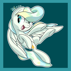 Size: 2000x2000 | Tagged: safe, artist:notadeliciouspotato, derpibooru import, vapor trail, pegasus, pony, abstract background, female, looking at you, mare, open mouth, open smile, signature, smiling, solo, spread wings, wings