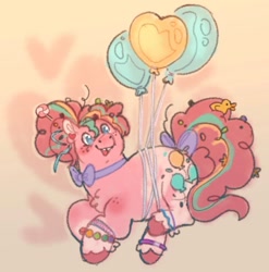 Size: 1281x1299 | Tagged: safe, artist:girlboyburger, derpibooru import, pinkie pie, earth pony, pony, g4, alternate design, alternate hair color, alternate hairstyle, alternate tail color, balloon, blue eyes, blushing, bow, bracelet, chest fluff, coat markings, colored hooves, colored pinnae, curly hair, curly mane, curly tail, ear fluff, ear piercing, earring, ears, fat, female, fetlock tuft, floating, freckles, gradient background, hair accessory, heart, heart background, jewelry, looking at you, mare, messy mane, messy tail, multicolored mane, multicolored tail, open mouth, open smile, piercing, pink coat, pink mane, pink tail, ponytail, pudgy pie, small ears, smiling, smiling at you, socks (coat marking), solo, splotches, tail, tail accessory, tail bow, tied mane, tied tail, tooth gap, unshorn fetlocks