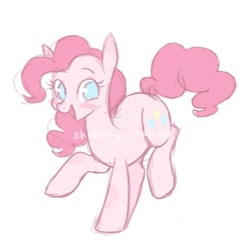 Size: 624x624 | Tagged: safe, artist:sketchy-pones, derpibooru import, pinkie pie, earth pony, pony, g4, big eyes, blue eyes, blushing, colored sketch, curly hair, curly mane, curly tail, ear blush, eyebrows, eyebrows visible through hair, eyelashes, female, floating eyebrows, long mane, long tail, mare, obtrusive watermark, open mouth, open smile, pink coat, pink mane, pink tail, prancing, signature, simple background, sketch, smiling, solo, tail, watermark, white background, wingding eyes