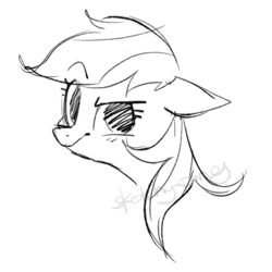 Size: 2048x2048 | Tagged: safe, artist:sketchy-pones, derpibooru import, rainbow dash, pegasus, pony, g4, big eyes, blushing, bust, ears, eye clipping through hair, eyebrows, eyebrows visible through hair, eyelashes, female, floating eyebrows, floppy ears, long mane, mare, monochrome, obtrusive watermark, raised eyebrow, signature, simple background, sketch, smiling, solo, watermark, white background