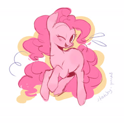 Size: 2048x2048 | Tagged: safe, artist:sketchy-pones, derpibooru import, pinkie pie, earth pony, pony, g4, blushing, colored sketch, countershading, curly hair, curly mane, curly tail, emanata, eyebrows, eyelashes, female, long mane, long tail, mare, one eye closed, open mouth, open smile, outline, pink coat, pink mane, pink tail, raised eyebrow, rearing, signature, simple background, sketch, smiling, solo, tail, white background, wink