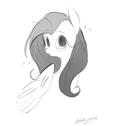 Size: 2048x2286 | Tagged: safe, artist:sketchy-pones, derpibooru import, fluttershy, pegasus, pony, g4, blushing, bust, embarrassed, eyebrows, eyebrows visible through hair, eyelashes, female, floating eyebrows, flustered, folded wings, grayscale, high res, long mane, looking at you, mare, monochrome, no catchlights, signature, simple background, sketch, solo, sweat, sweatdrop, white background, wings