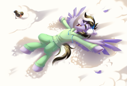 Size: 3400x2300 | Tagged: safe, artist:rtootb, derpibooru import, oc, oc:violett spectrum, bird, pegasus, clothes, cute, eyes closed, happy, high res, lying down, male, on back, open mouth, pegasus oc, snow, snow angel, solo, stallion, wings