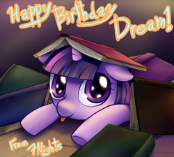 Size: 1200x1080 | Tagged: safe, artist:7nights, derpibooru import, twilight sparkle, unicorn, g4, :p, book, cute, female, filly, foal, happy birthday, horn, solo, that pony sure does love books, tongue, tongue out, twiabetes, wide eyes