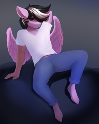 Size: 1732x2160 | Tagged: safe, artist:delta hronum, derpibooru import, oc, oc only, oc:violett spectrum, anthro, clothes, male, sitting, spread legs, spread wings, spreading, wings