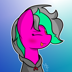 Size: 1948x1948 | Tagged: safe, artist:japkozjad, derpibooru import, oc, oc only, oc:sy-step, earth pony, :p, blushing, bust, clothes, gradient background, hoodie, portrait, solo, tongue, tongue out