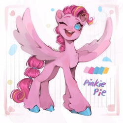 Size: 2048x2048 | Tagged: safe, artist:505p0ni, derpibooru import, pinkie pie, pegasus, pony, g4, abstract background, alternate design, chest fluff, female, mare, one eye closed, open mouth, open smile, pegasus pinkie pie, race swap, smiling, solo, spread wings, unshorn fetlocks, wings, wink