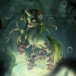 Size: 1024x1024 | Tagged: safe, artist:505p0ni, derpibooru import, oc, oc only, pony, unicorn, abstract background, crepuscular rays, female, glowing, horn, mare, ocean, seaweed, solo, sunlight, swimming, thorn, underwater, vine, water