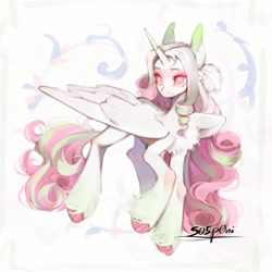 Size: 1440x1440 | Tagged: safe, artist:505p0ni, derpibooru import, oc, oc only, alicorn, pony, abstract background, alicorn oc, chest fluff, female, horn, mare, solo, unshorn fetlocks, wings