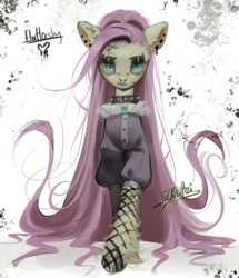 Size: 1440x1677 | Tagged: safe, artist:505p0ni, derpibooru import, fluttershy, pegasus, pony, abstract background, bridge piercing, choker, clothes, dress, ear piercing, earring, eyebrow piercing, face tattoo, female, fishnet stockings, fluttergoth, jewelry, mare, nose piercing, piercing, spiked choker, tattoo, unshorn fetlocks
