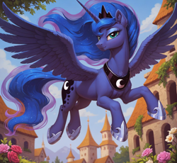 Size: 1112x1024 | Tagged: source needed, safe, ai content, derpibooru import, generator:pony diffusion v6 xl, generator:stable diffusion, machine learning generated, princess luna, alicorn, g4, crown, flying, jewelry, looking at you, outdoors, prompter needed, regalia, smiling, smiling at you, spread wings, wings