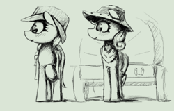 Size: 345x221 | Tagged: safe, artist:xallaanacyoxcyor, derpibooru import, oc, oc only, earth pony, pony, cart, duo, female, hat, mare, monochrome, neckerchief, sketch