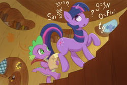 Size: 2000x1344 | Tagged: safe, artist:jotun22, derpibooru import, spike, twilight sparkle, unicorn twilight, dragon, pony, unicorn, eyes on the prize, female, golden oaks library, horn, male, mare, math, quill, scroll