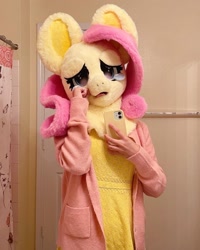 Size: 1440x1800 | Tagged: safe, artist:limeythecheetah, derpibooru import, fluttershy, cellphone, fursuit, indoors, irl, phone, photo, ponysuit, sad, selfie, solo