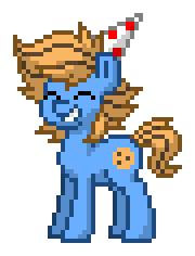 Size: 180x236 | Tagged: safe, derpibooru import, oc, oc only, oc:blue cookie, earth pony, pony, birthday, earth pony oc, happy, hat, party hat, pixel art, pony town, simple background, smiling, solo, transparent background