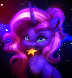 Size: 1940x2098 | Tagged: safe, artist:itssim, derpibooru import, oc, oc only, oc:mercurial, unicorn, bust, constellation, cute, female, horn, looking at you, mare, night, night sky, nom, portrait, sky, smiling, smiling at you, solo, starry sky, stars