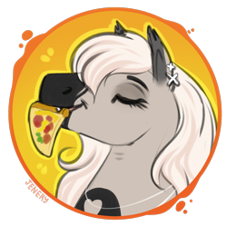 Size: 2000x2000 | Tagged: safe, artist:jenery, derpibooru import, oc, oc only, oc:devilvoice, bat pony, pony, bat pony oc, ear piercing, eyes closed, female, food, happy, piercing, pizza, solo