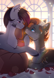 Size: 1748x2480 | Tagged: safe, artist:glumarkoj, derpibooru import, oc, oc only, oc:living flame, oc:madelinne, earth pony, pony, beard, bedroom eyes, facial hair, female, flower petals, holding head, looking at each other, looking at someone, male, mare, stallion