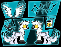 Size: 3408x2644 | Tagged: safe, artist:xxv4mp_g4z3rxx, derpibooru import, oc, oc only, griffon, big tail, claws, colored sclera, griffon oc, leopard print, mullet, nonbinary, reference sheet, solo, spread wings, tail, wings, yellow sclera