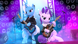 Size: 3840x2160 | Tagged: safe, artist:owlpirate, derpibooru import, starlight glimmer, trixie, pony, unicorn, 3d, 4k, bipedal, clothes, dexterous hooves, duo, duo female, electric guitar, female, grin, guitar, high res, hoof hold, horn, jacket, leather, leather jacket, mare, microphone, musical instrument, smiling, source filmmaker, stage