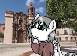 Size: 1479x1080 | Tagged: safe, artist:foxfer64_yt, derpibooru import, oc, oc only, earth pony, pony, cathedral, city, day, guanajuato, looking up, pointing at self, solo