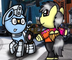 Size: 1278x1075 | Tagged: safe, artist:foxfer64_yt, derpibooru import, oc, oc only, oc:silverstream (robot pony), oc:thunder (fl), pegasus, pony, amazed, bipedal, clothes, duo, jumper, looking at each other, looking at someone, smiling