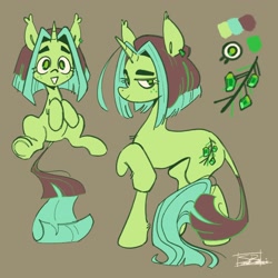 Size: 2048x2048 | Tagged: safe, artist:ubiquitousdeer, derpibooru import, oc, oc only, oc:emerald evergreen, pony, unicorn, chest fluff, color palette, duality, ear tufts, eyelashes, female, freckles, gray background, green coat, green eyes, high res, horn, leg fluff, leonine tail, lidded eyes, long legs, long tail, looking back, mare, raised hoof, raised hooves, raised leg, reference sheet, signature, simple background, sitting, smiling, solo, standing, straight mane, straight tail, tail, thick eyebrows, unicorn horn, unicorn oc, wingding eyes