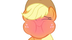 Size: 1620x902 | Tagged: safe, derpibooru import, edit, edited screencap, part of a set, screencap, applejack, earth pony, pony, g4, sweet and elite, blushing, closed mouth, eyes closed, female, freckles, hat, holding breath, mare, puffy cheeks, red face, simple background, solo, white background