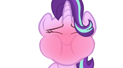 Size: 1620x902 | Tagged: safe, derpibooru import, edit, edited screencap, part of a set, screencap, starlight glimmer, pony, unicorn, g4, sweet and elite, blushing, closed mouth, eyes closed, female, holding breath, horn, mare, puffy cheeks, red face, simple background, solo, white background