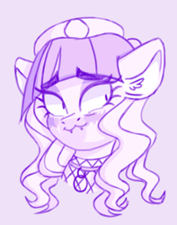 Size: 524x664 | Tagged: safe, artist:singingsun, derpibooru import, oc, bat pony, pony, :3, eyebrows, eyebrows visible through hair, purple background, simple background, solo