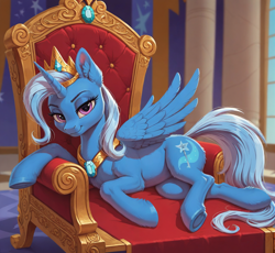Size: 1112x1024 | Tagged: source needed, safe, ai content, derpibooru import, generator:pony diffusion v6 xl, generator:stable diffusion, machine learning generated, trixie, alicorn, pony, g4, alicornified, belly, crown, female, horn, jewelry, looking at you, lying down, mare, on side, png, prompter needed, race swap, regalia, smiling, smiling at you, solo, throne, trixiecorn