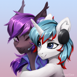 Size: 2000x2000 | Tagged: safe, artist:inowiseei, derpibooru import, oc, oc only, bat pony, pony, unicorn, bat pony oc, duo, horn, hug, unicorn oc