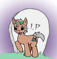 Size: 400x420 | Tagged: safe, artist:asuraludu, derpibooru import, oc, oc only, oc:meadowshrine, pony, unicorn, grass, gravestone, horn, male, raised hoof, raised leg, solo, stallion, tail, unicorn oc