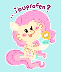 Size: 2200x2600 | Tagged: safe, artist:pink-pone, derpibooru import, fluttershy, pony, blue background, chibi, ibuprofen, pill, simple background, solo