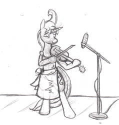 Size: 867x910 | Tagged: safe, artist:asuraludu, derpibooru import, oc, oc only, oc:viola strum, semi-anthro, unicorn, 2013, bow (instrument), eyes closed, female, grayscale, horn, mare, microphone, microphone stand, monochrome, musical instrument, playing instrument, smiling, solo, tail, traditional art, viola