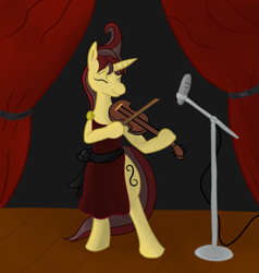 Size: 867x910 | Tagged: safe, artist:asuraludu, artist:theaubri, derpibooru import, oc, oc only, oc:viola strum, semi-anthro, unicorn, collaboration, 2013, bipedal, bow (instrument), curtains, eyes closed, female, horn, mare, microphone, microphone stand, musical instrument, playing instrument, smiling, solo, stage, tail, viola