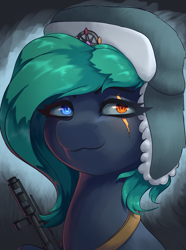 Size: 1560x2100 | Tagged: safe, artist:princess_rari, derpibooru import, oc, oc only, oc:colour field, earth pony, pony, earth pony oc, green hair, gun, hat, heterochromia, scar, solo, ushanka, weapon