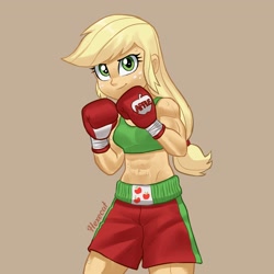 Size: 2048x2048 | Tagged: safe, artist:dbz619, derpibooru import, applejack, human, equestria girls, g4, abs, boxer, boxing gloves, bra, clothes, female, freckles, looking at you, shorts, smiling, smiling at you, solo, underwear