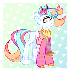 Size: 925x944 | Tagged: safe, artist:singingsun, derpibooru import, oc, pony, abstract background, clothes, eye clipping through hair, eyebrows, eyebrows visible through hair, female, hairpin, horns, passepartout, solo