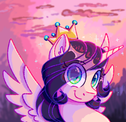 Size: 1142x1112 | Tagged: safe, artist:singingsun, derpibooru import, oc, oc only, alicorn, pony, crown, eye clipping through hair, female, jewelry, looking at you, mare, regalia, smiling, smiling at you, solo, sparkles, sunset