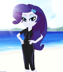 Size: 1414x1631 | Tagged: safe, artist:stephen-fisher, derpibooru import, rarity, human, equestria girls, g4, beach, clothes, female, ocean, solo, swimsuit, water