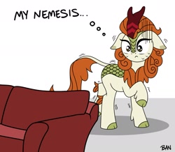 Size: 1899x1653 | Tagged: safe, artist:banquo0, derpibooru import, autumn blaze, kirin, female, frown, raised hoof, raised leg, scared, shivering, sofa, solo, sweat, sweatdrops, text, thought bubble