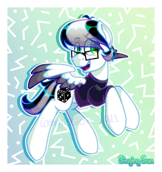 Size: 985x1049 | Tagged: safe, artist:singingsun, derpibooru import, oc, pegasus, pony, abstract background, clothes, full body, glasses, male, shirt, solo, t-shirt