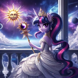 Size: 1024x1024 | Tagged: safe, ai content, derpibooru import, generator:bing image creator, generator:dall-e 3, machine learning generated, twilight sparkle, twilight sparkle (alicorn), alicorn, anthro, g4, empress, prompter:mysticsunrise87, slender, smiling, spine, staff, sun, thin