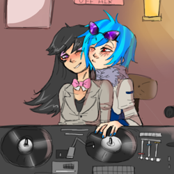 Size: 600x600 | Tagged: safe, artist:saltylenpai, derpibooru import, dj pon-3, octavia melody, vinyl scratch, human, g4, blushing, bowtie, female, glasses, humanized, lesbian, one eye closed, scratchtavia, shipping, turntable