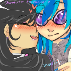 Size: 600x600 | Tagged: safe, artist:saltylenpai, derpibooru import, dj pon-3, octavia melody, vinyl scratch, human, g4, blushing, bowtie, female, glasses, heart, humanized, lesbian, scratchtavia, shipping