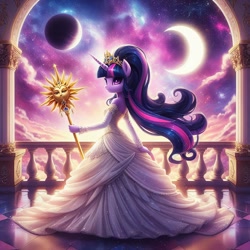 Size: 1024x1024 | Tagged: safe, ai content, derpibooru import, generator:bing image creator, generator:dall-e 3, machine learning generated, twilight sparkle, twilight sparkle (alicorn), alicorn, anthro, g4, empress, prompter:mysticsunrise87, smiling, staff