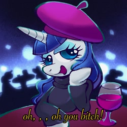 Size: 2048x2048 | Tagged: safe, artist:chipchapp, derpibooru import, rarity, pony, unicorn, g4, alcohol, alternate hairstyle, backlighting, bangs, beatnik rarity, beret, black lipstick, blue eyes, caption, clothes, detailed background, dialogue, eyelashes, eyeshadow, female, glass, hat, high res, horn, leaning, leaning on table, lidded eyes, lipstick, long mane, looking at you, looking away, looking to side, looking to the right, makeup, mare, open mouth, open smile, purple mane, shiny mane, sitting, smiling, smiling at you, sweater, table, talking, talking to viewer, text, turtleneck, unicorn horn, vulgar, wavy mane, white coat, wine, wine glass, wingding eyes
