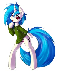 Size: 1017x1280 | Tagged: safe, artist:grumblepluck, derpibooru import, dj pon-3, vinyl scratch, unicorn, g4, clothes, female, hoodie, horn, open mouth, panties, red eyes, simple background, solo, tongue, tongue out, underwear, white background