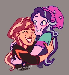 Size: 1508x1639 | Tagged: safe, artist:liviedoesart, derpibooru import, starlight glimmer, sunset shimmer, human, equestria girls, g4, beanie, bust, duo, female, gray background, hat, hug, lesbian, redraw, ship:shimmerglimmer, shipping, simple background, smiling